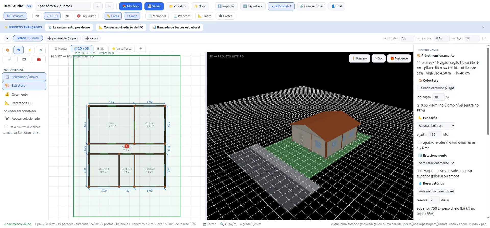 BIM Studio — planta editável ao lado do modelo 3D com dimensionamento estrutural na NBR
